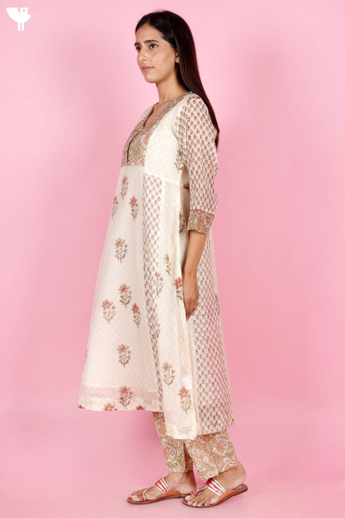Chanderi Silk Kurta Set With Block Print